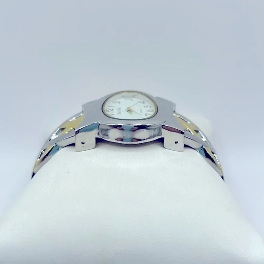 Working! Peck & Peck Two Tone Braided Metal Cuff Bracelet Watch